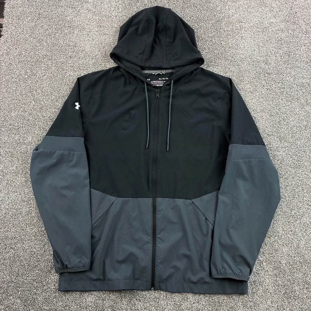 Under Armour Squad Warm Up Jacket Mens XL Black Gray Hooded Windbreaker 1293910